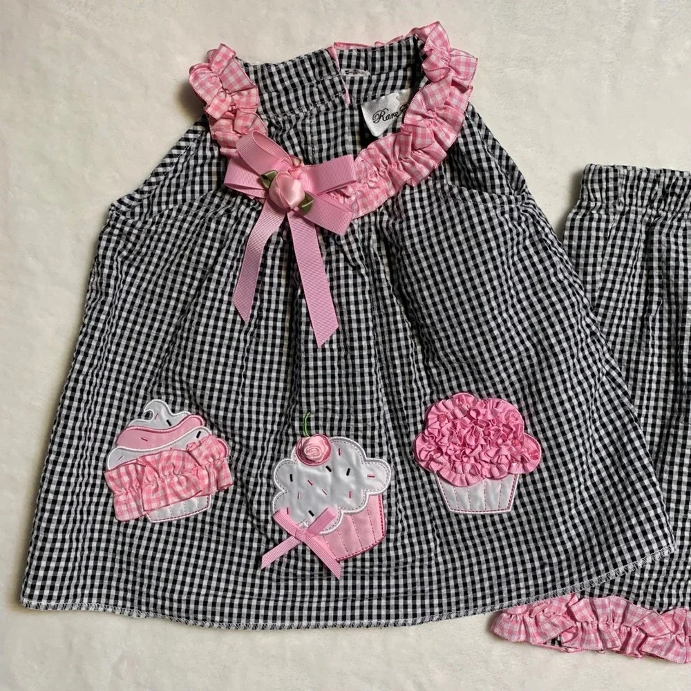 Vintage‎ Rare Editions Girls Black White Gingham Cupcake Applique Outfit Set 12M - Picture 2 of 13